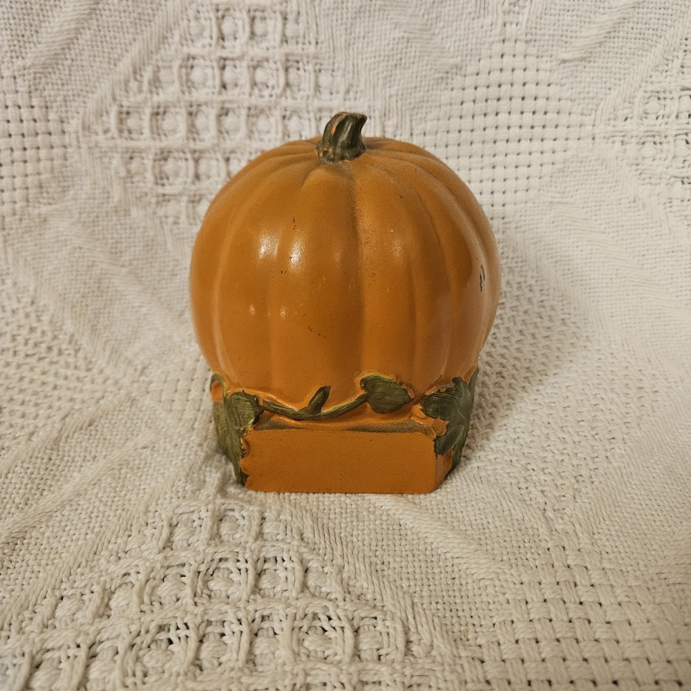 Vintage Metal Bank Pumpkin Shaped Fall Harvest Autumn Decor Orange Green Vines